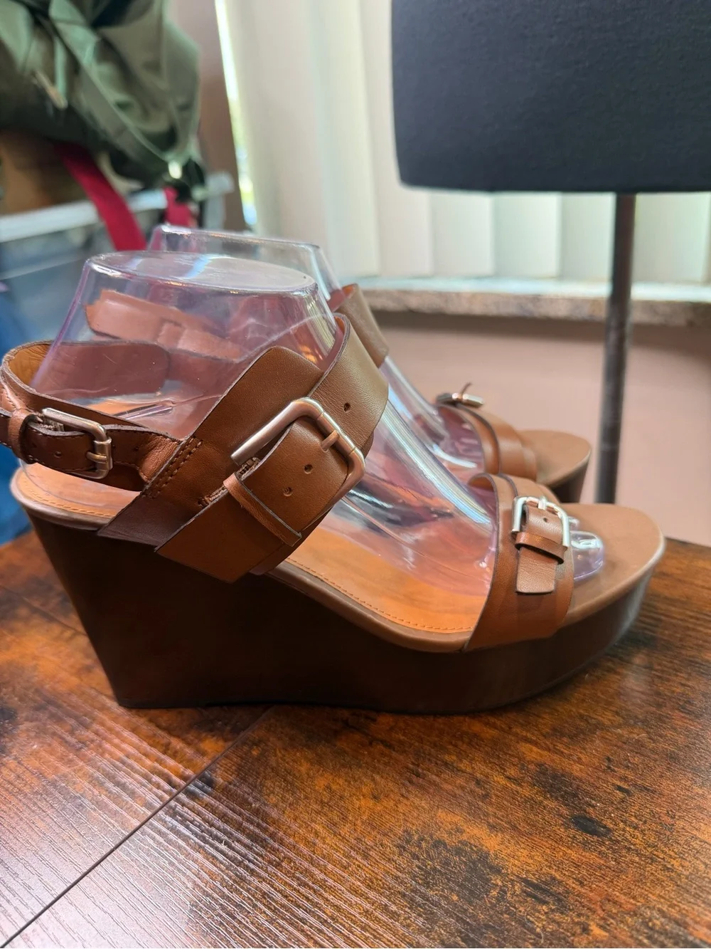Franco Sarto Divine wedge sandals brown leather straps metallic buckle Size 9.5